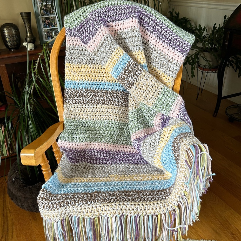 Multicolor Crochet Blanket with Fringe. Approx 46” x 58”